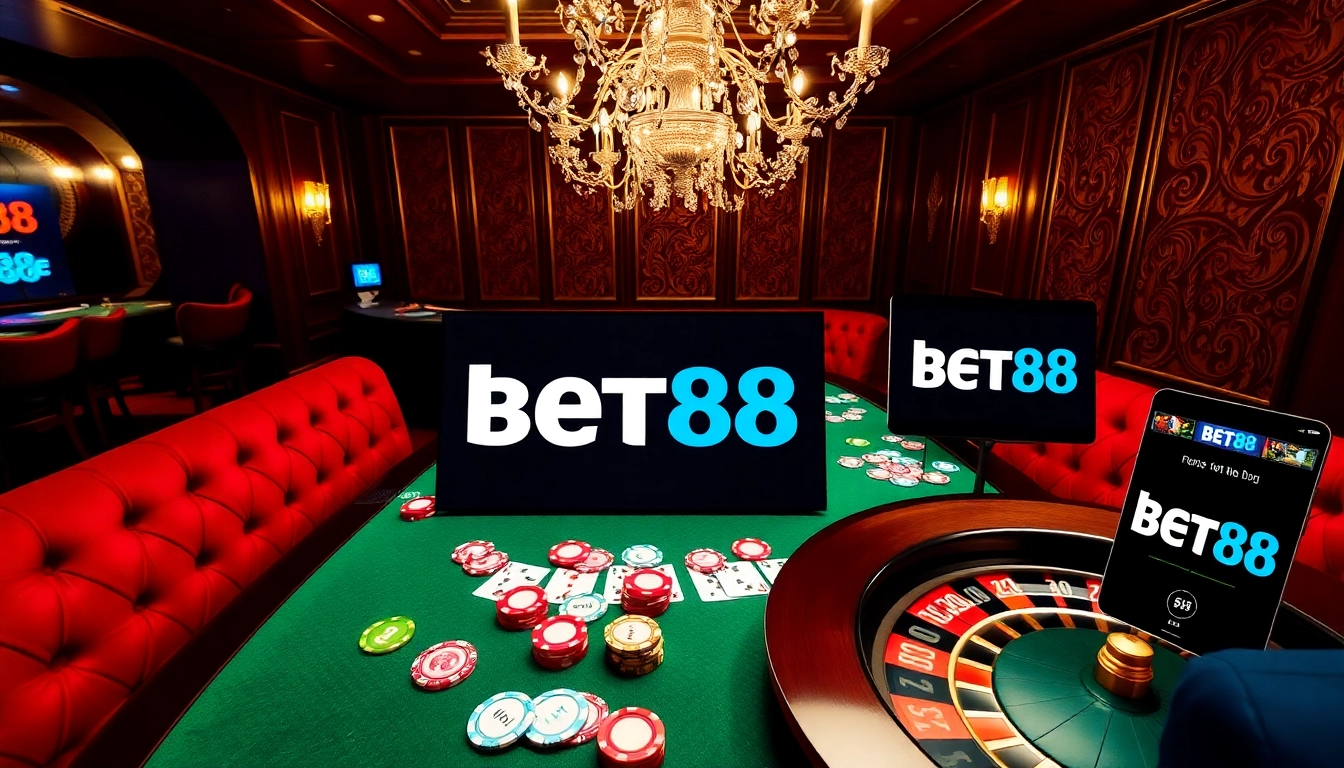 Experience thrilling action at a BET88 casino table with vibrant poker chips and cards.