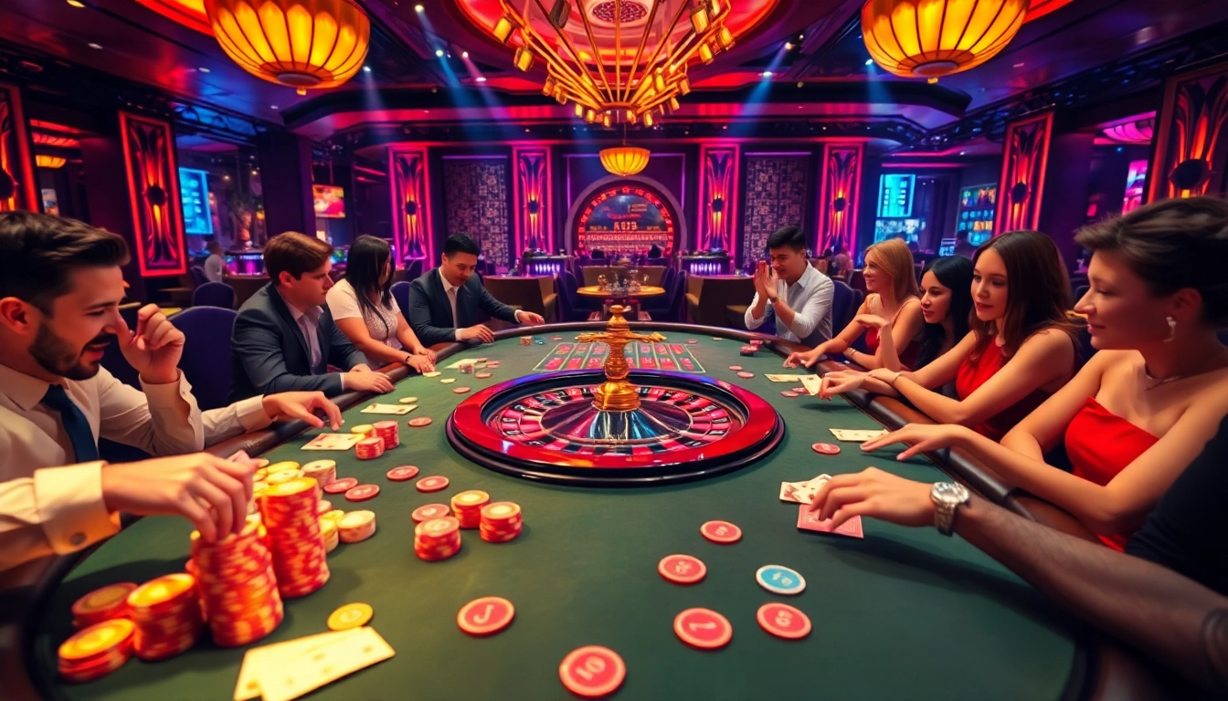 Experience the excitement of F168 with players at a luxurious casino table featuring poker chips and cards.
