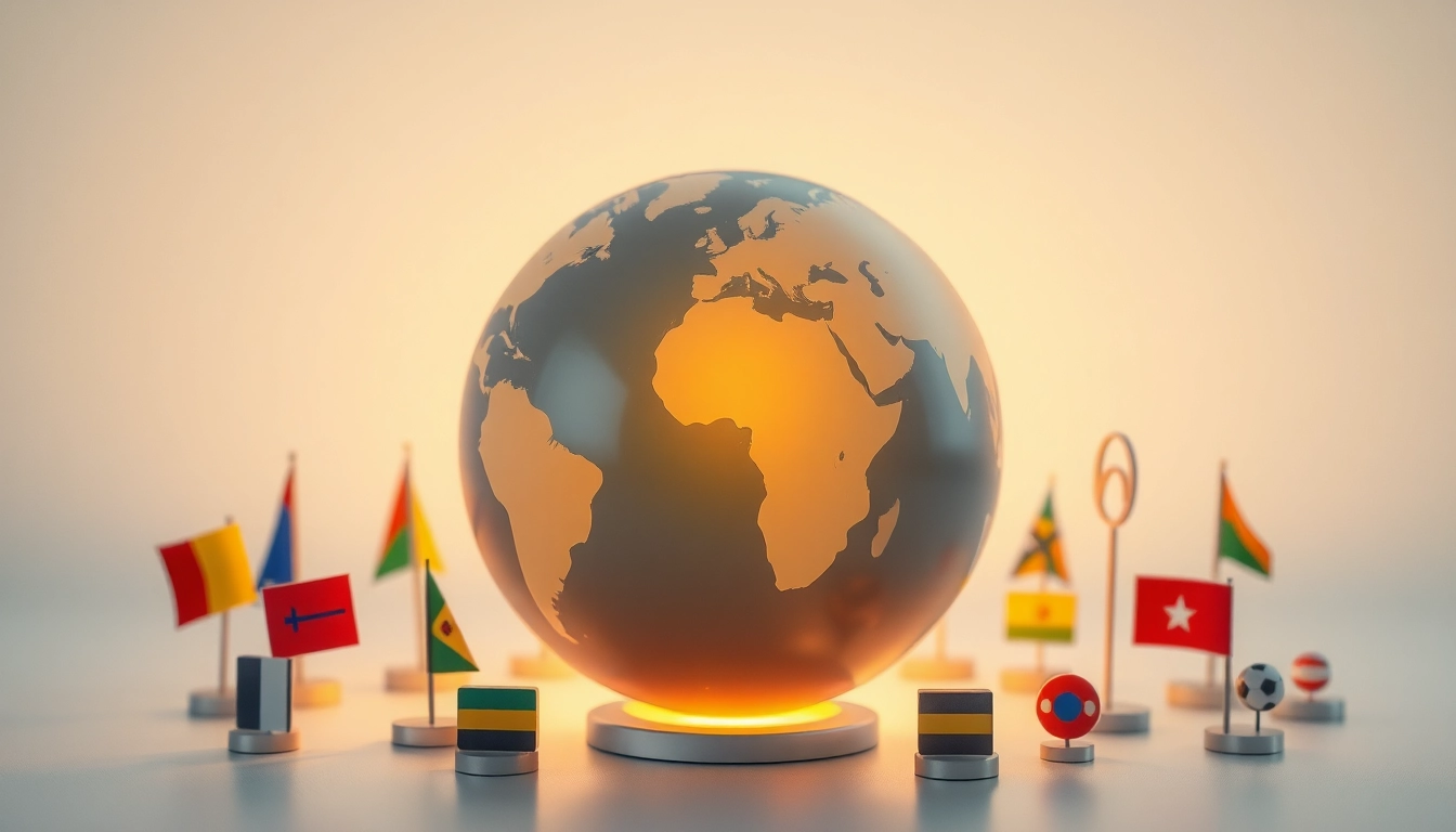 Internationale Nachrichten aus aller Welt: Globus umgeben von kulturellen Symbolen.