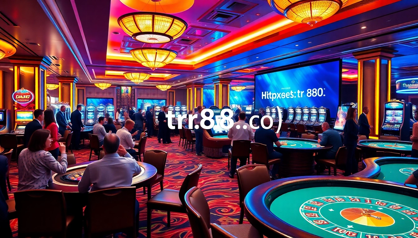 Exciting gaming atmosphere at https://tr88.bio/ featuring roulette tables and vibrant slot machines.