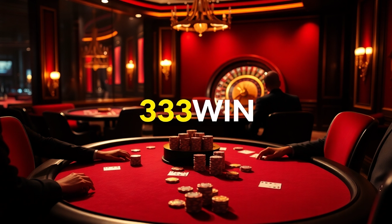 Players enjoying high-stakes poker in a luxurious setting at 33WIN casino, with chips and cards.