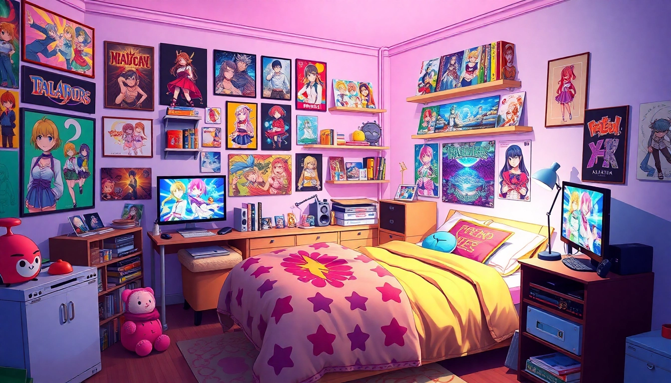 Anime sex-themed bedroom showcasing vibrant decor, posters, and collectibles