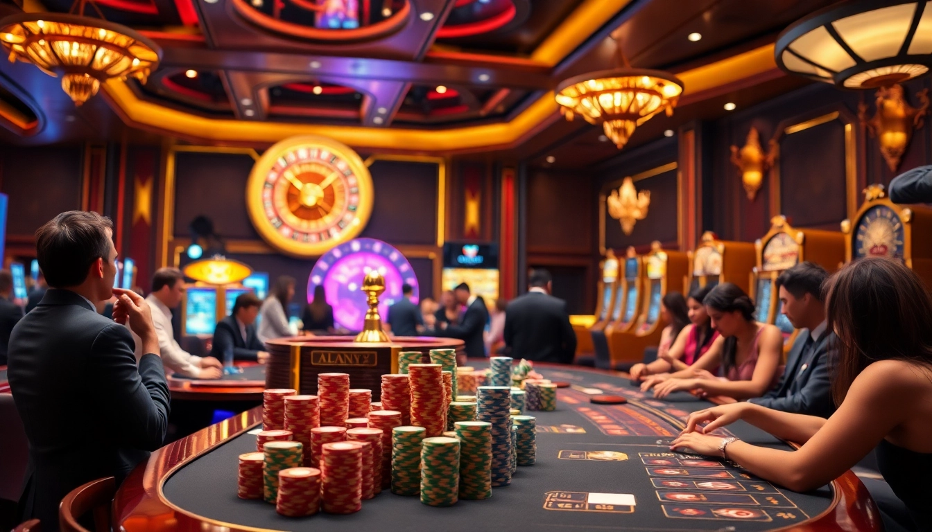 Exciting casino games experience at https://f168.today/ with players at tables, slot machines, and roulette.