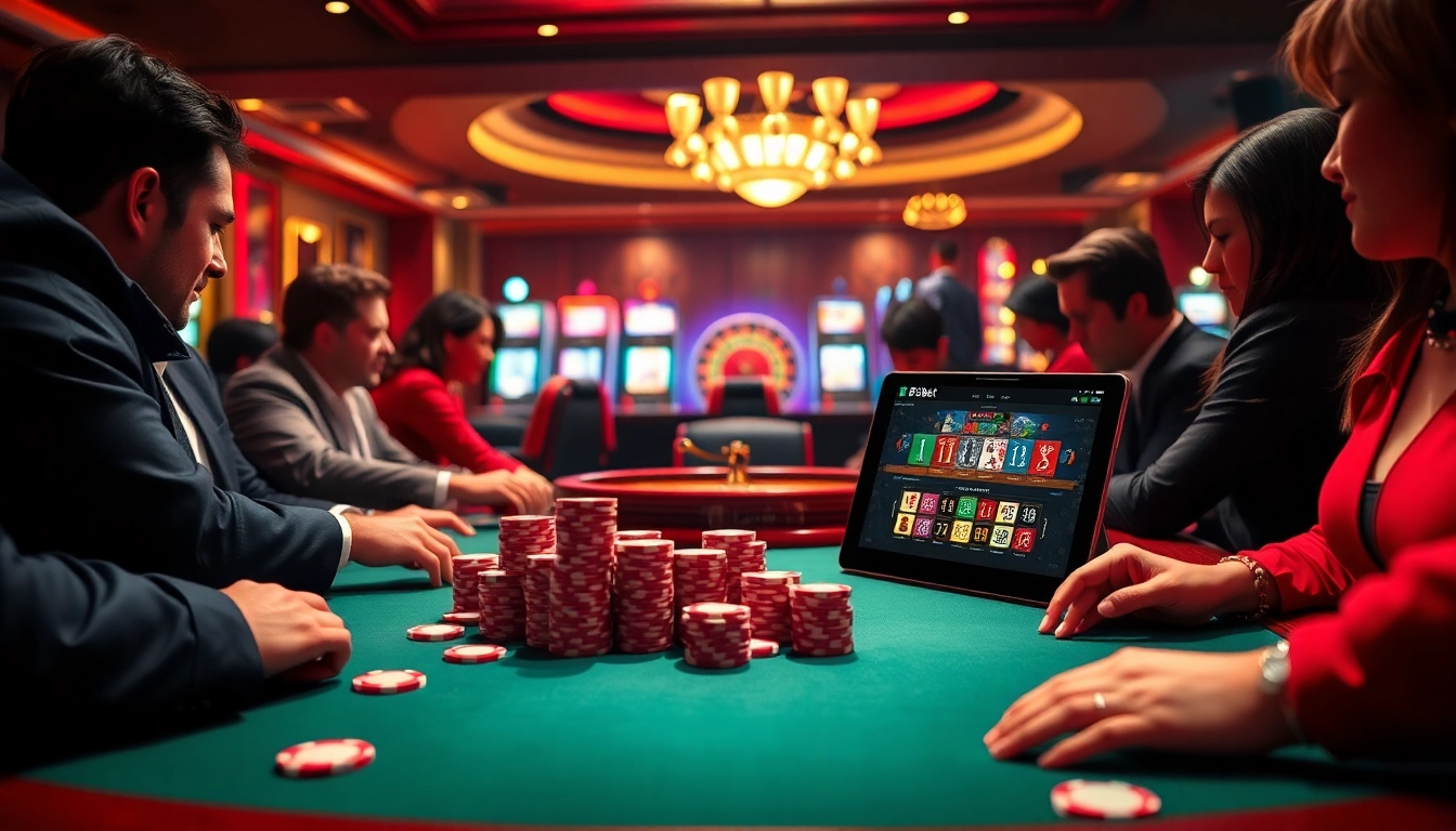 Players enjoying poker at F8Bet casino with poker chips and roulette wheel.