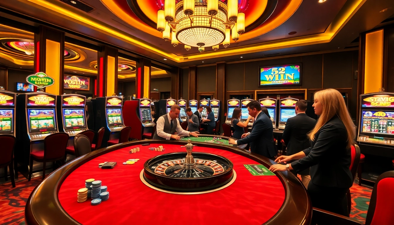 Exciting gameplay at a 52WIN themed casino table with professional croupiers and vibrant atmosphere.