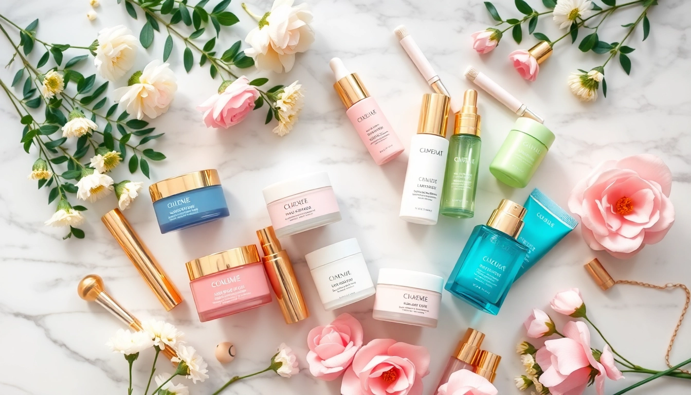 Verschiedene Kosmetikprodukte präsentiert in einem eleganten Flat Lay für Kosmetikhersteller Deutschland.