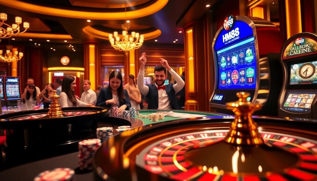 Engaging gamblers enjoying the thrilling HM88 online casino experience with vibrant visuals.