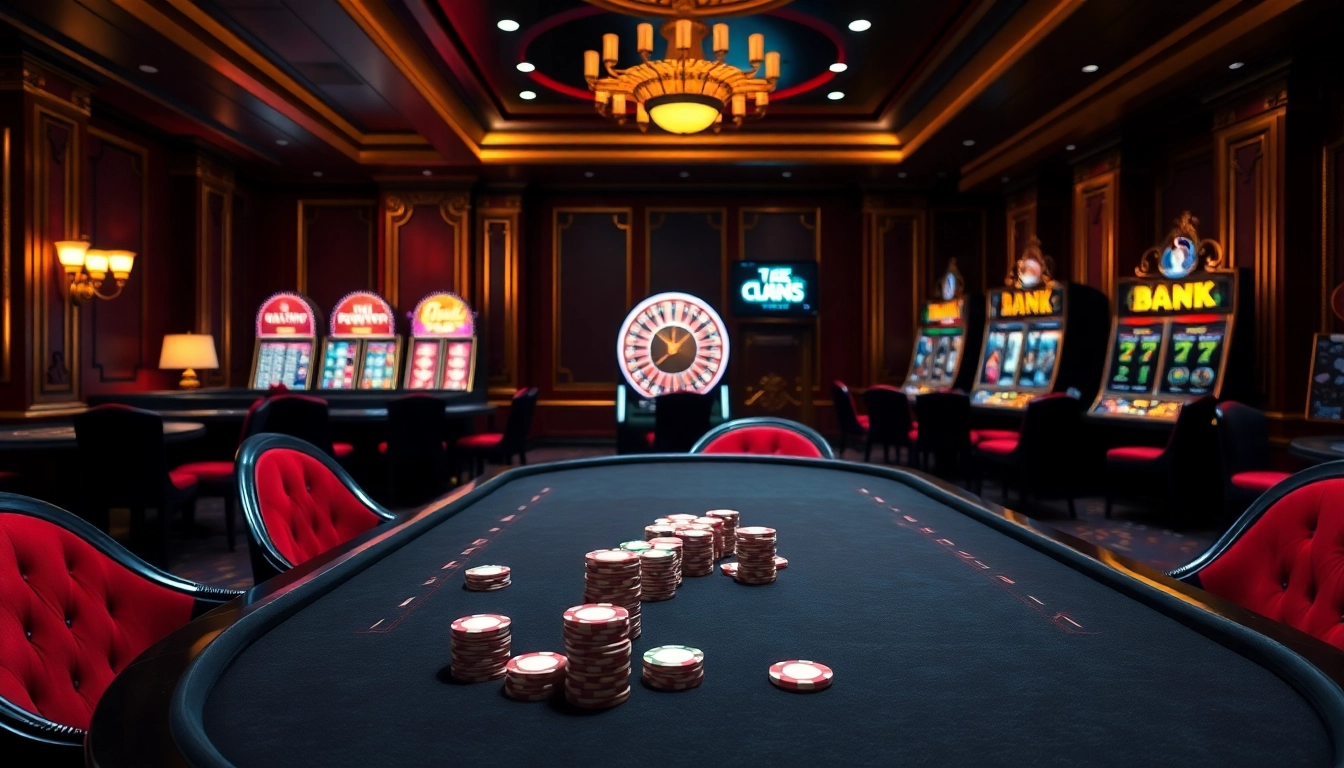 A poker game in a luxurious casino setting, highlighting the thrill of https://topclub.site/ with chips and cards.