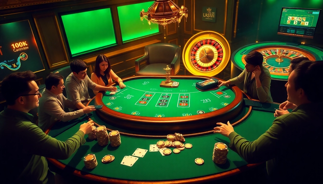 Cảnh sòng bạc hấp dẫn với người chơi và các yếu tố trò chơi trực tuyến từ https://luck8.net, thể hiện sự phấn khích và sang trọng.