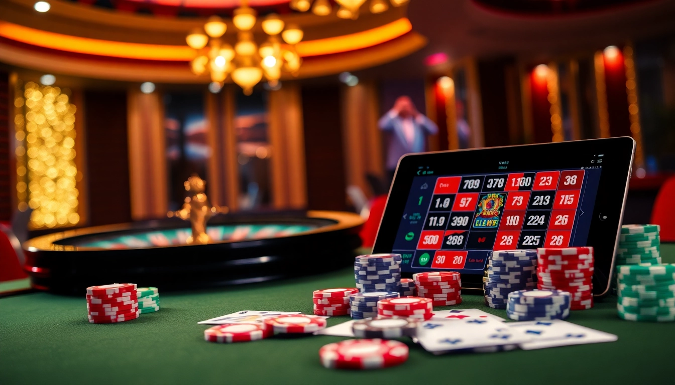 Experience the excitement of RR88 with a lavish casino scene filled with poker chips and a roulette wheel.