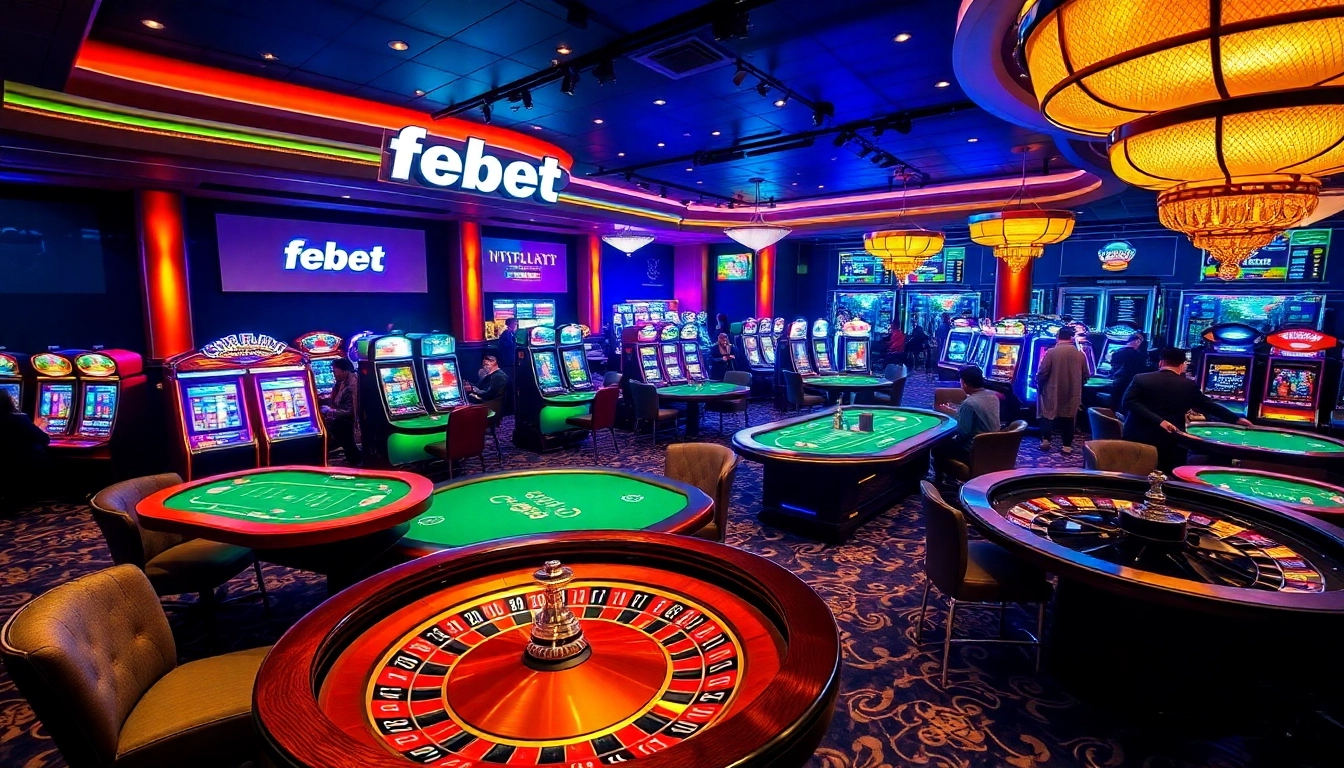 febet offers an exciting gaming experience with colorful slot machines and elegant tables in a vibrant casino scene.