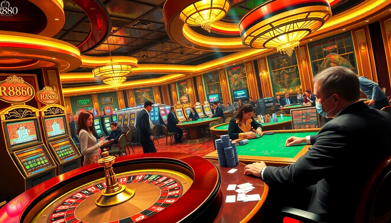 Exciting casino players engaging at rich RR888 tables filled with poker chips and roulette wheels.