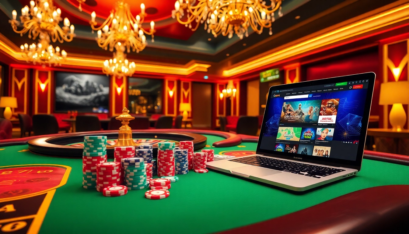 Experience the thrill of Go88vn with vibrant poker tables and roulette wheels in an elegant casino setting.