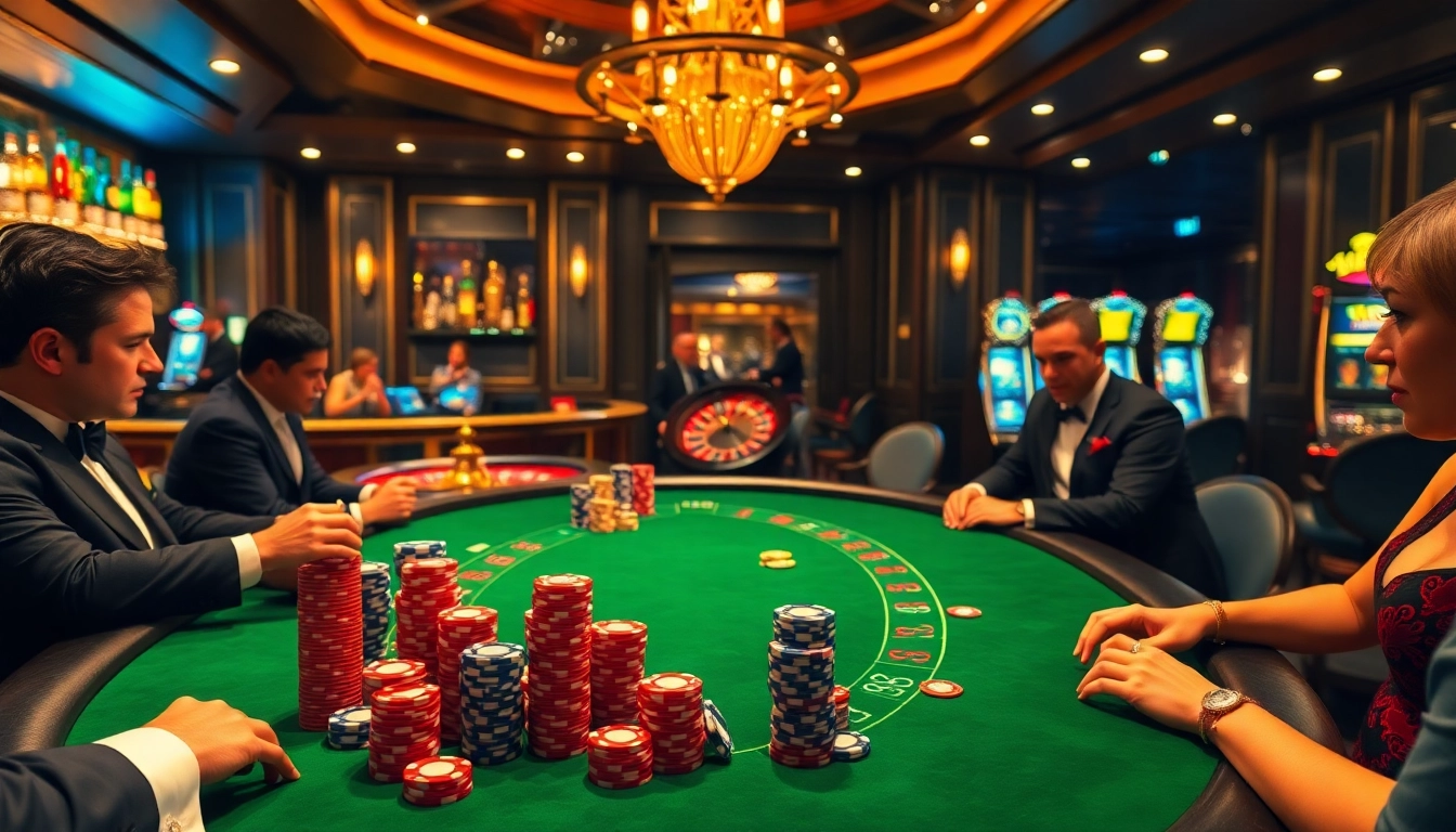 Players strategizing at a high-stakes poker table in a luxurious casino setting at XX88.