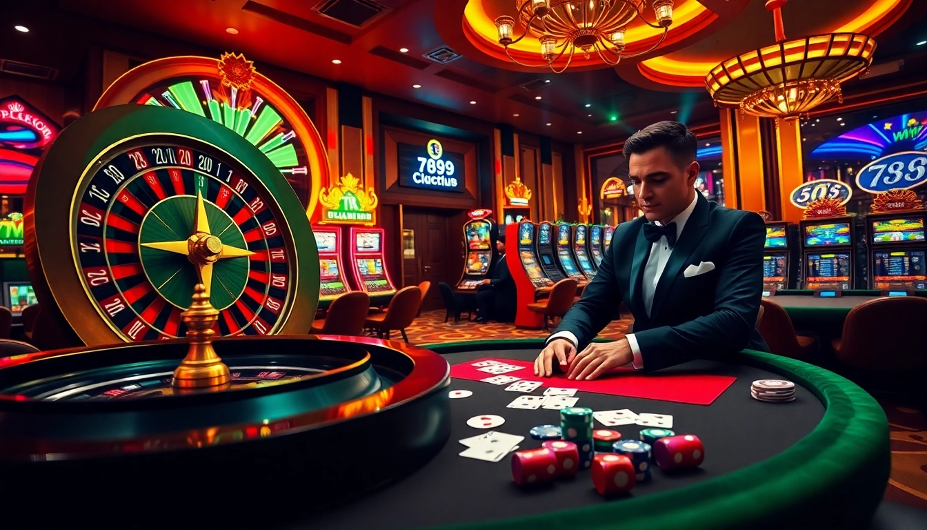 Players enjoying exciting games at 789club with colorful slot machines and poker chips.