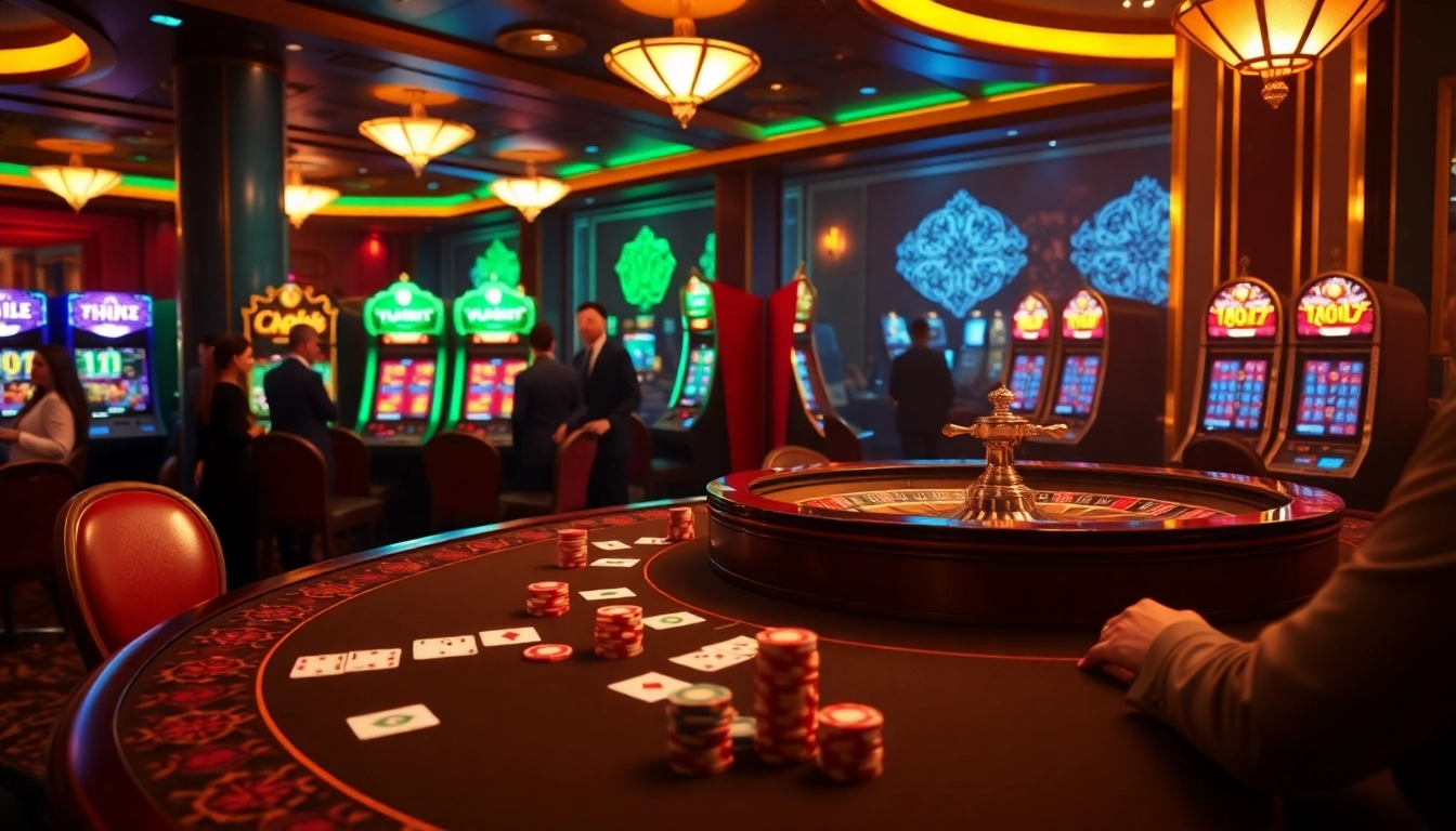 Môi trường casino hấp dẫn cho thấy sự phấn khích khi chơi tại LUCK8 với bàn poker và máy đánh bạc sống động.