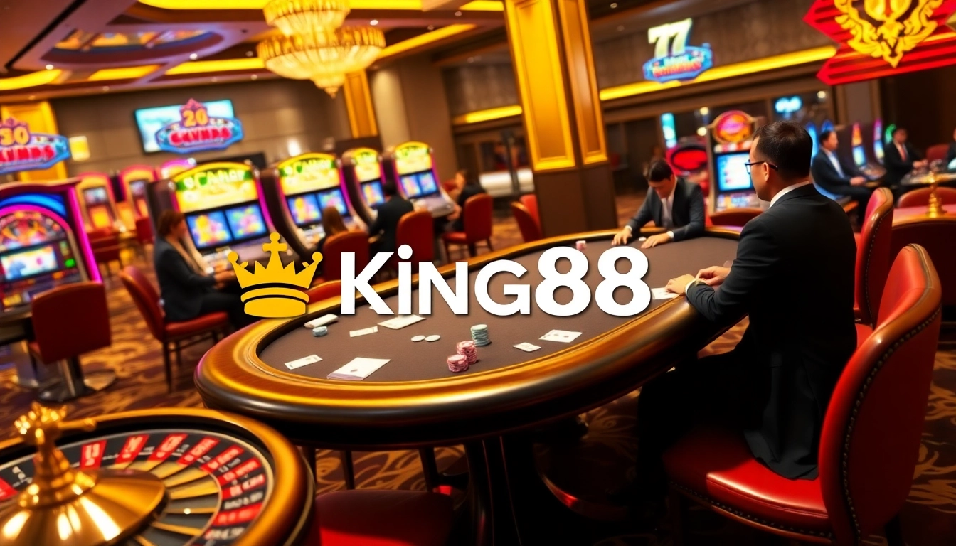 Players engaging in thrilling poker games at King88 Casino with vibrant slot machines.