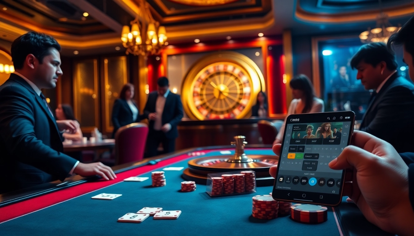 Gamblers enjoying poker at CM88 casino with an elegant ambiance and roulette wheel.