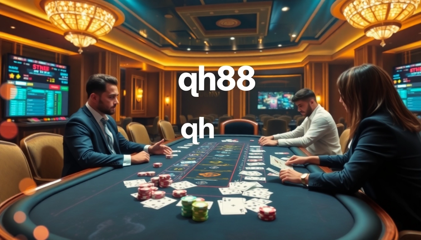 Exciting qh88 online casino scene with poker table, chips, and live betting screens.