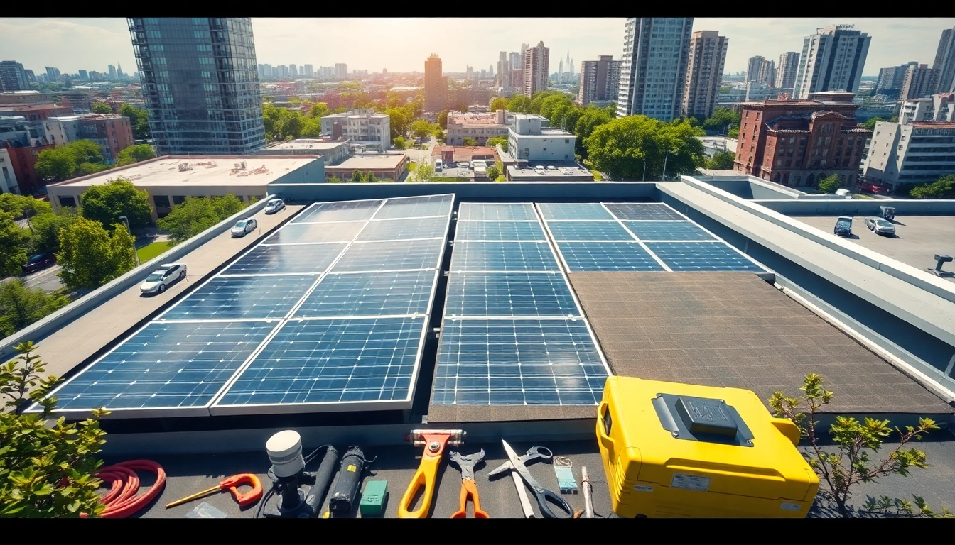 Optimal Photovoltaikanlage Kaufen Wien installation on an urban rooftop with solar panels and tools visible.