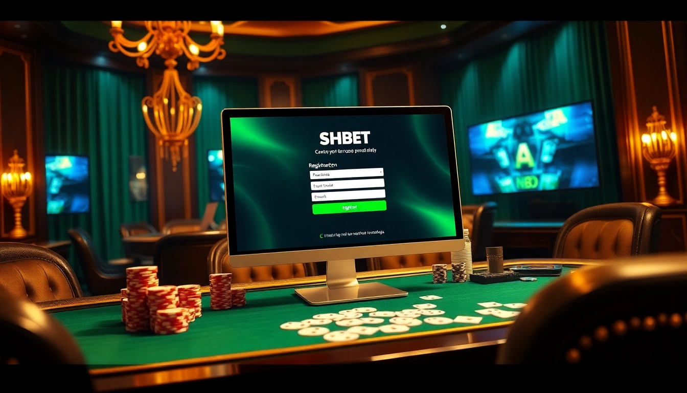 Register at SHBET with a luxurious online gaming interface and vibrant casino elements.
