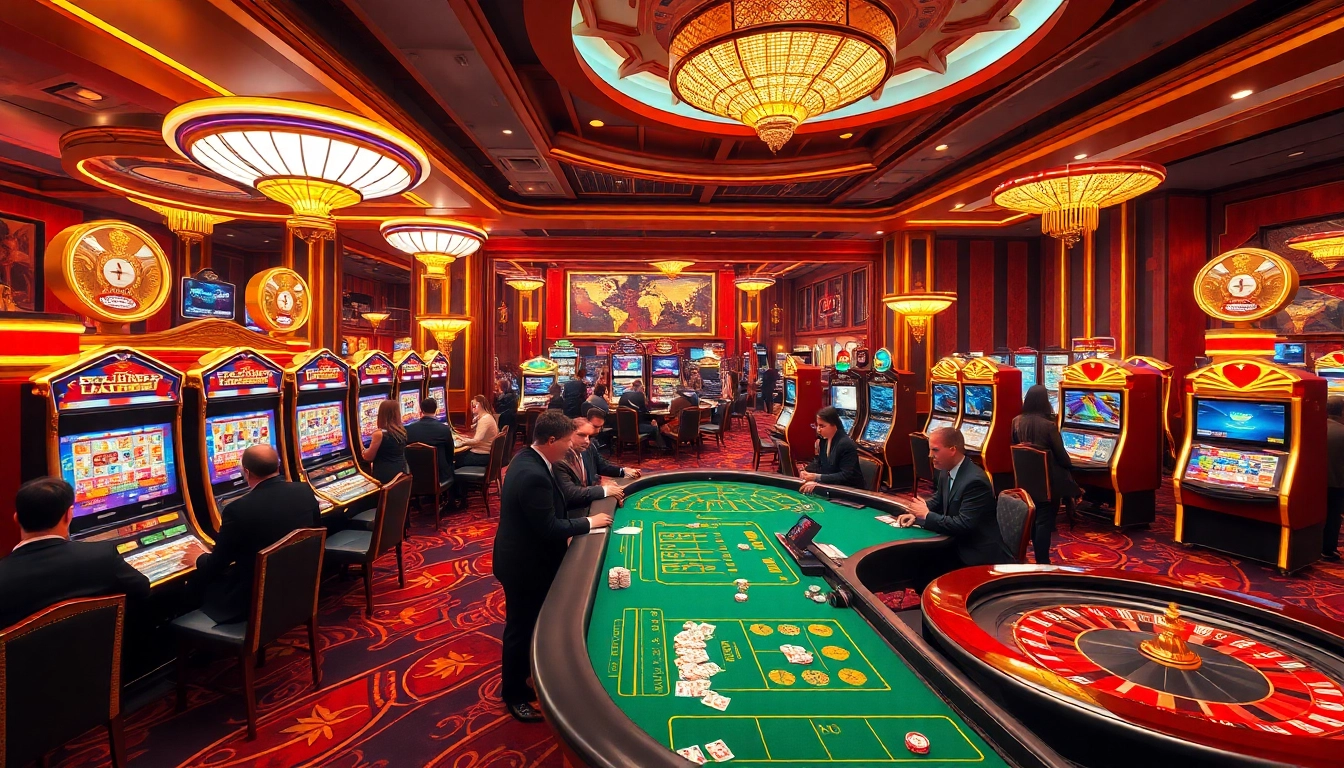 A vibrant casino scene highlighting excitement at 789club with players at poker tables and slot machines.