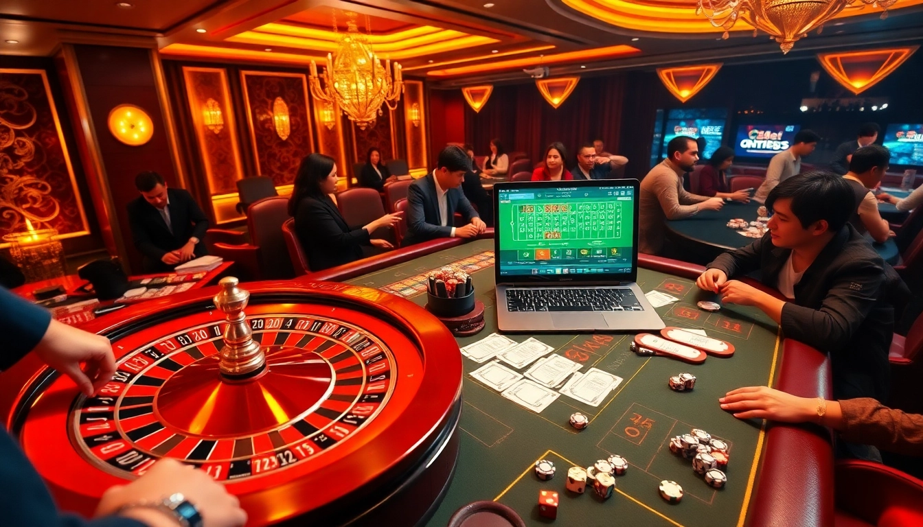 Experience Sổ mơ 28bet excitement at a luxury casino with poker tables and roulette wheels.