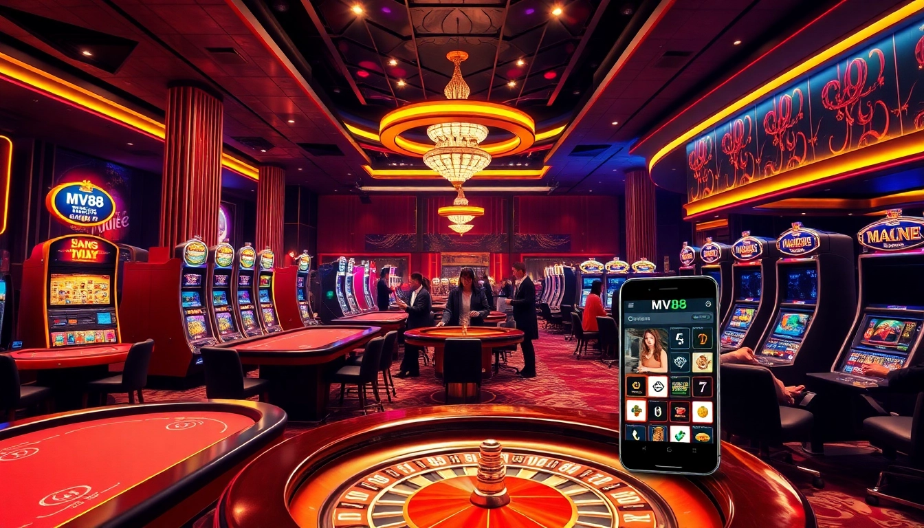 Engaging in a winning moment at MV88 casino with vibrant slot machines and poker tables.
