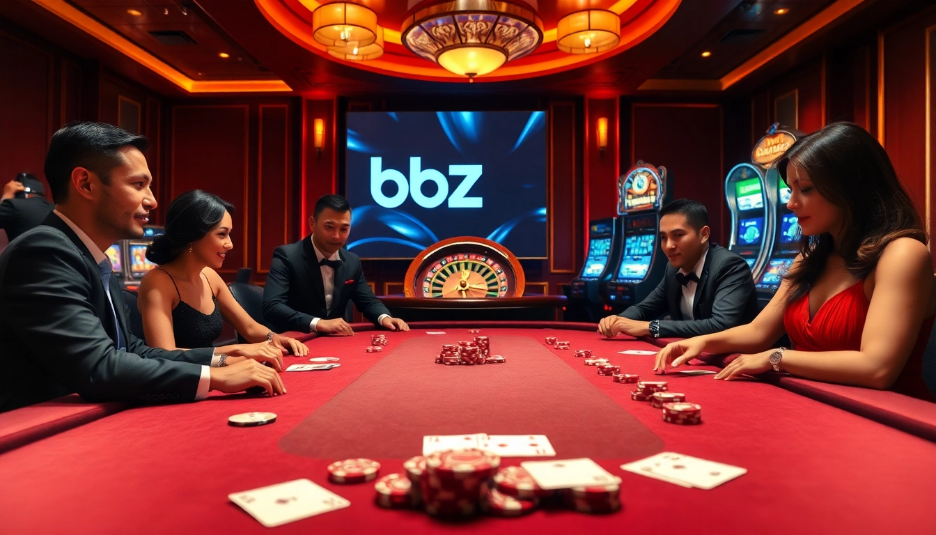 Players engage in an exciting poker game at a b52-themed casino table, showcasing vibrant chips and cards.