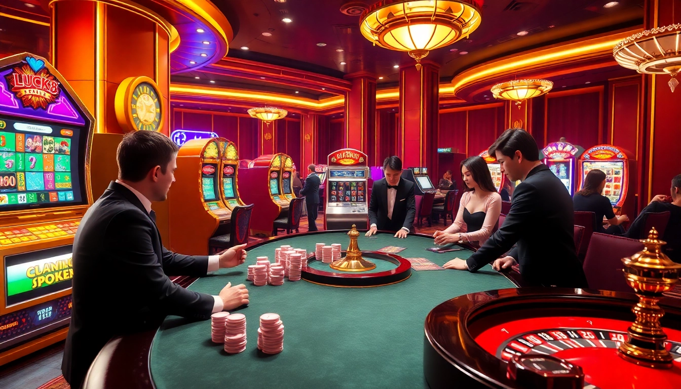 Người chơi ăn mừng chiến thắng tại casino LUCK8 đầy sôi động với các máy đánh bạc (slot) và bàn roulette sặc sỡ.
