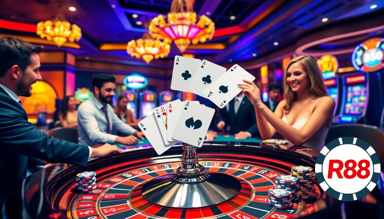 Players celebrating wins at RR88 casino with roulette and poker activities.