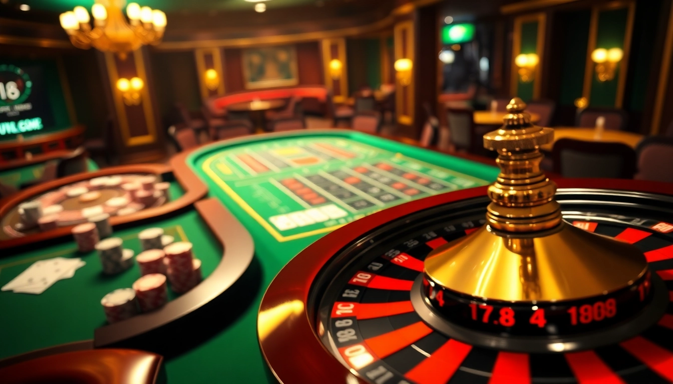 Exciting casino atmosphere with LUCK8 poker chips and a roulette wheel, evoking luck and prosperity.