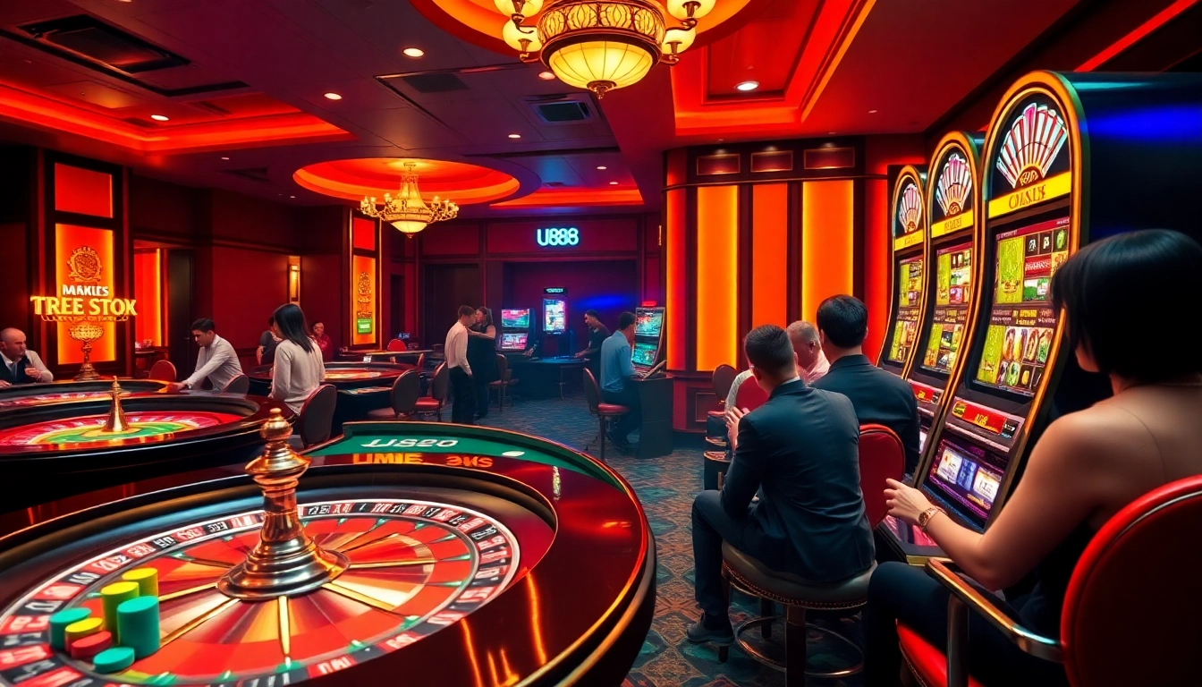U888 players enjoying a dynamic casino experience with vibrant slots and roulette games.
