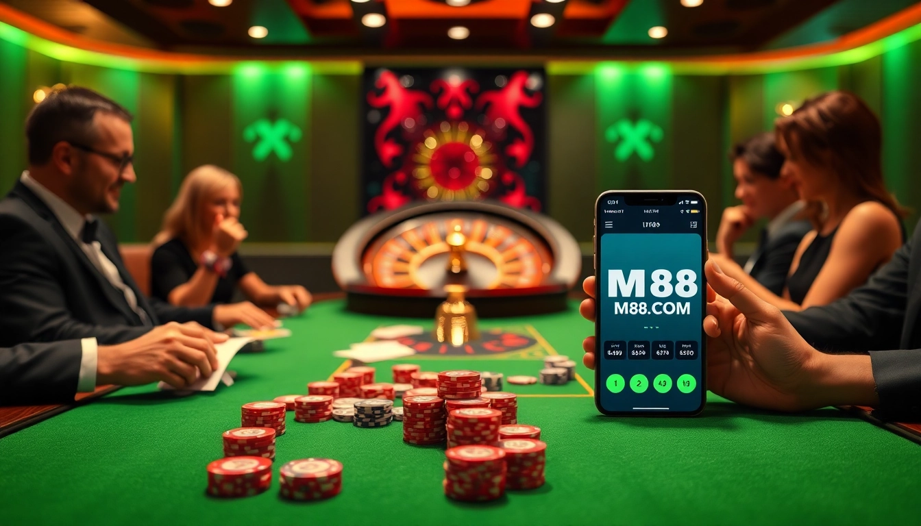 Engaged players at a poker table, highlighting MM88 COM in a luxurious casino setting.