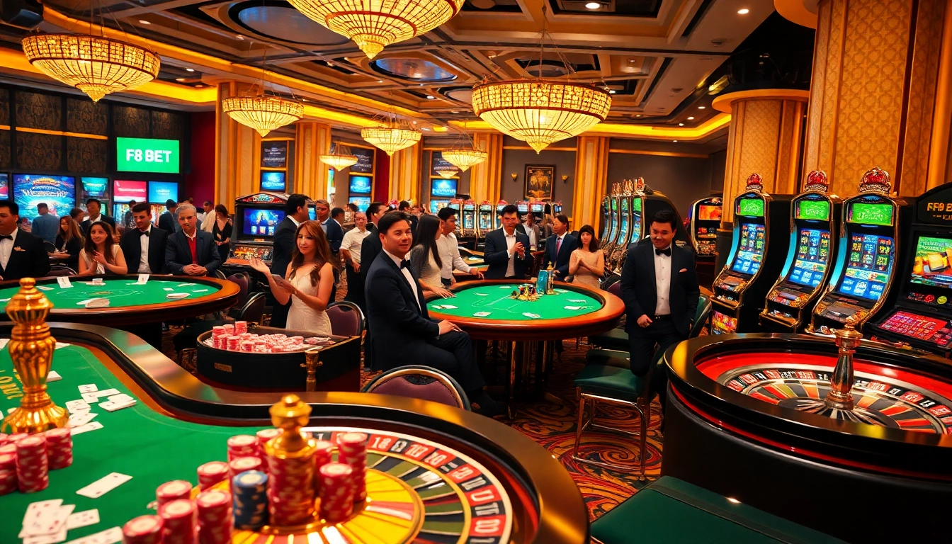 Experience F8 BET excitement on vibrant casino tables filled with cards, chips, and roulette wheels.