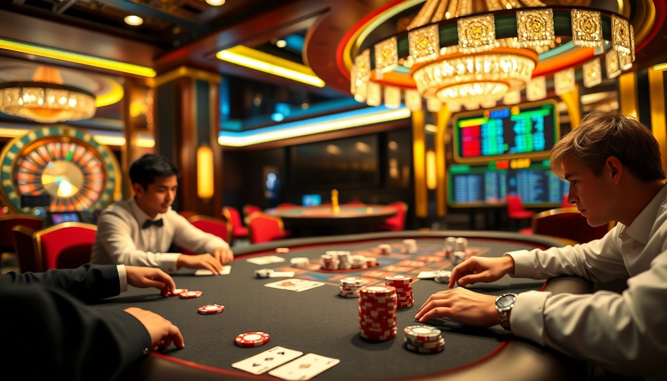 Exciting casino atmosphere at F8BET COM featuring players at a poker table.