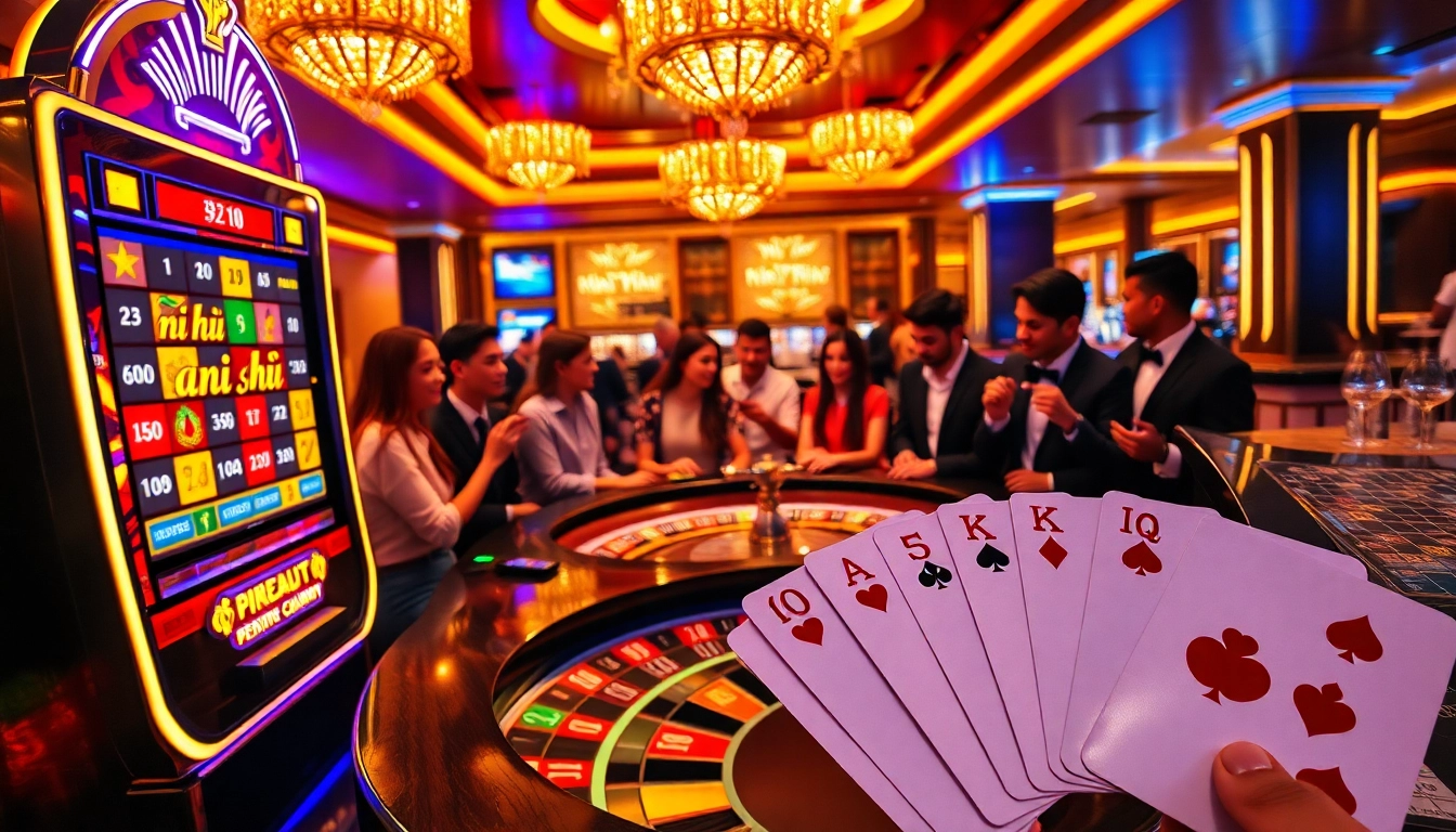 Excitement builds as players engage with the nổ hũ slot machine amidst a lively casino atmosphere.