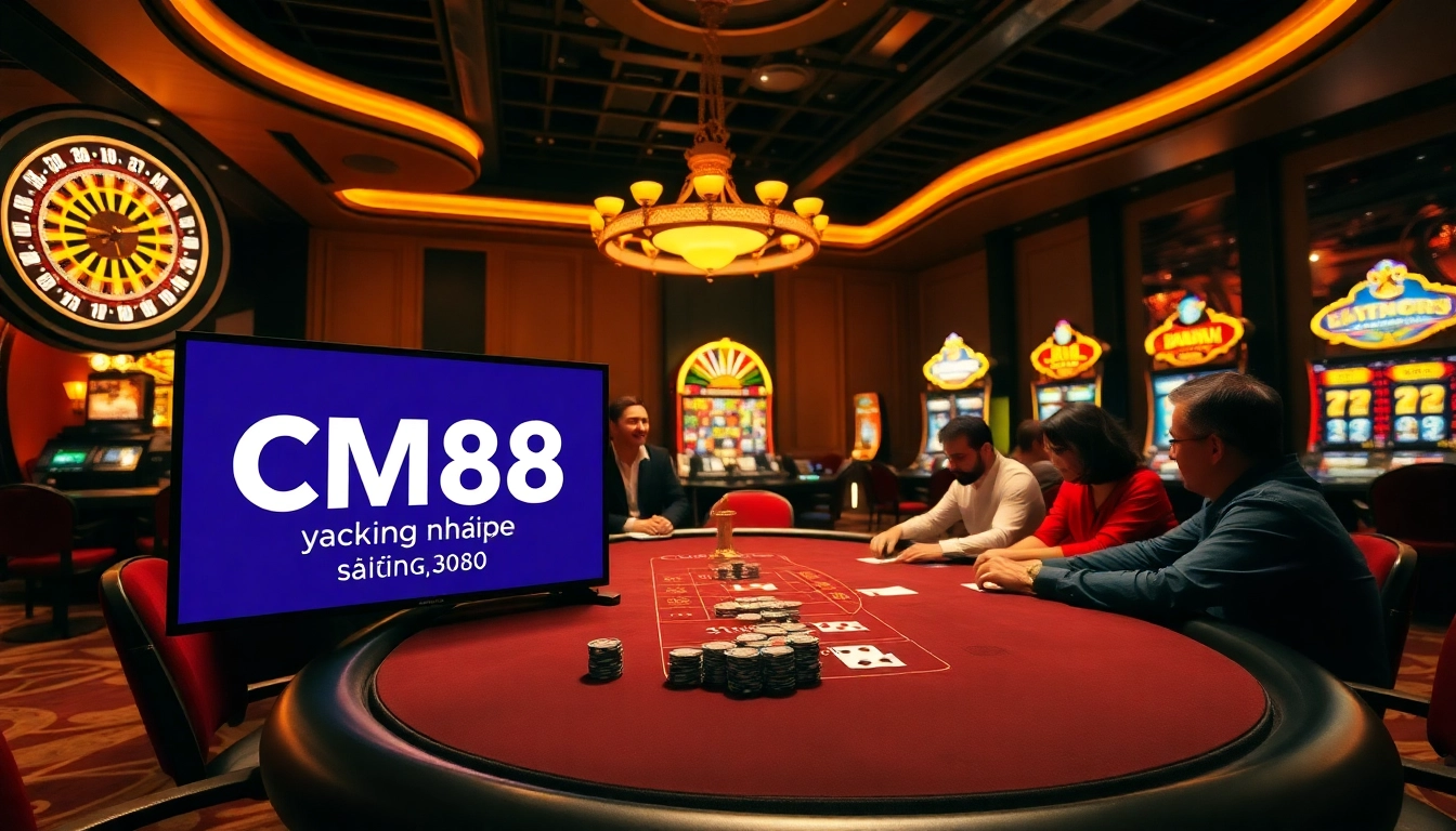 Exciting moment at a casino table featuring "CM88 đăng nhập" with poker chips and cards.