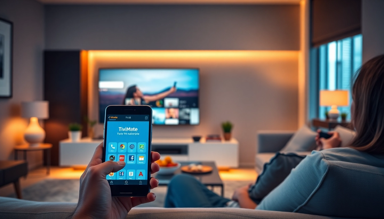 TiviMate app displayed on a smartphone in a cozy living room with Fire TV Stick setup.