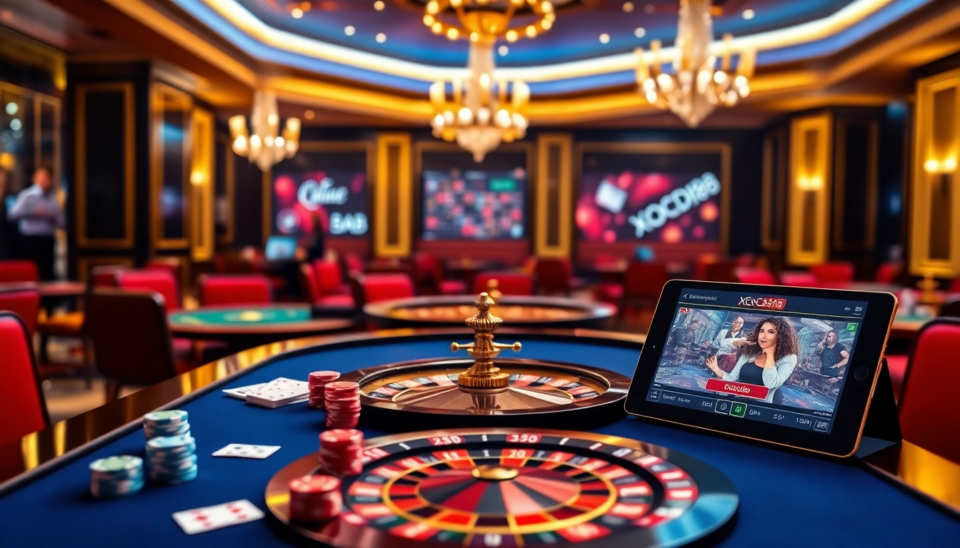 Xocdia88 gaming scene with vibrant casino elements and players engaged in online gambling.