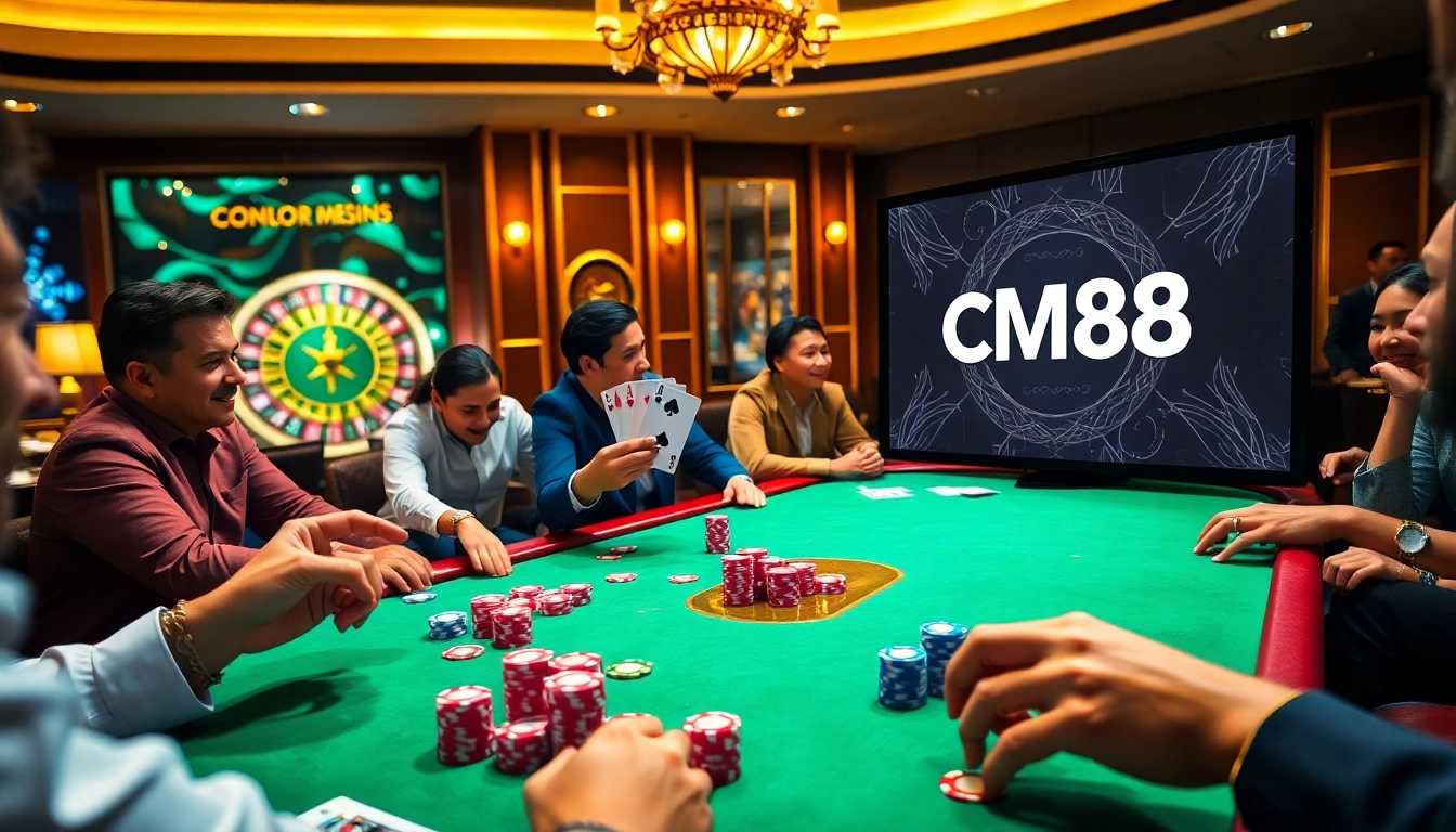 Experience the thrill of winning at CM88 in a luxurious casino environment with poker chips and a roulette wheel.