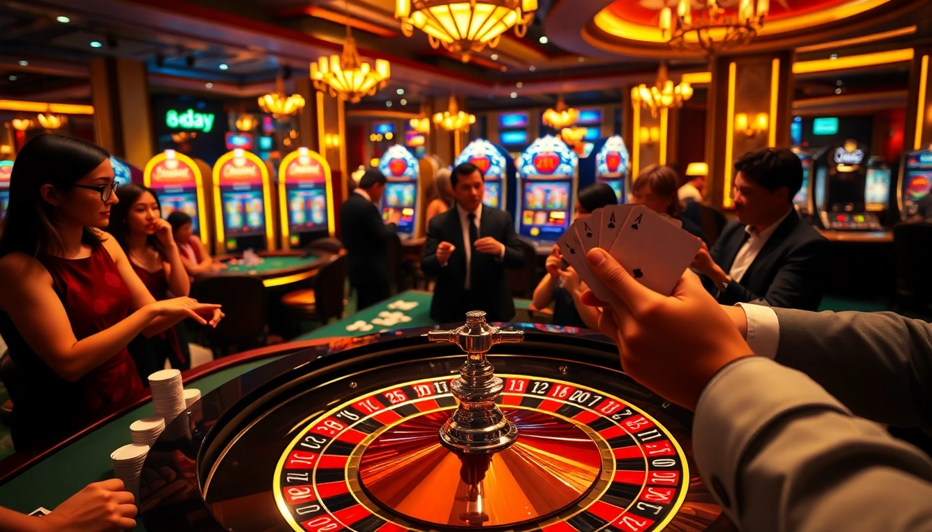 Enjoy an exciting game at 8day’s luxurious casino, featuring a vibrant roulette table amidst thrilled players.