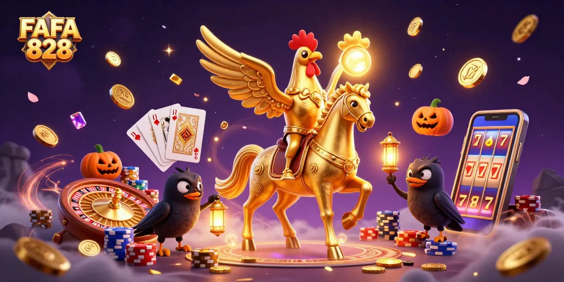 Experience thrilling wins with FAFA 828's golden rooster in a vibrant midnight casino